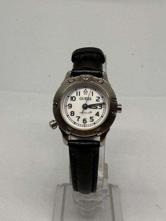 Guess Accessories - GUESS Vintage 1990s Indiglo Women's Silver-Tone Watch White Dial Black Leather